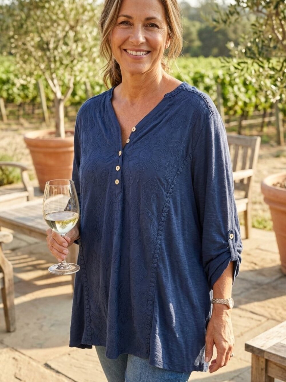 Democracy Navy Blue Embroidered Henley Tunic Top 3/4 Roll Tab Sleeve 2X